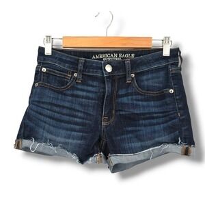 American Eagle Denim Shortie Shorts‎ Dark Wash Cuffed Hem Women's Size 6